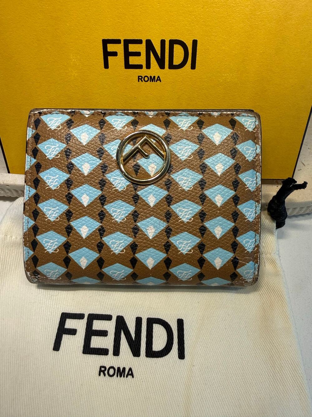Fendi Calf Leather F Logo Blue Brown Geometric Small Bifold Wallet
